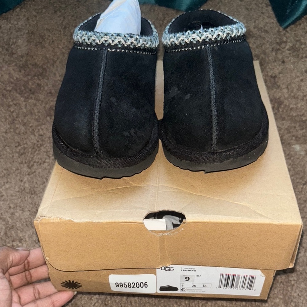 UGG Black Suede Slip-Ons with Knit Trim